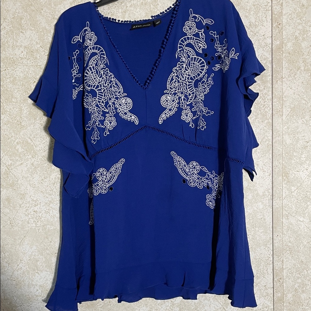Attitudes by Renee Blue Flutter Sleeves V Neck Blouse with White Embroidery